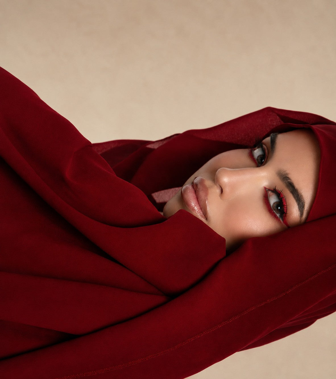 Zenya red shawl, close-up styling detail